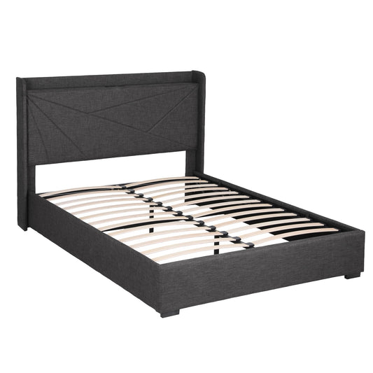 Sicily Bed Frame Gas Lift Storage Bed with Charging Ports Upholstered Geometric Headboard - Charcoal Grey Queen