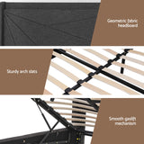 Sicily Bed Frame Gas Lift Storage Bed with Charging Ports Upholstered Geometric Headboard - Charcoal Grey Queen