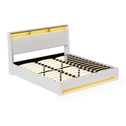 Viera Bed Frame Gas Lift LED Beds Base Platform White PVC Leather Storage Headboard - White King