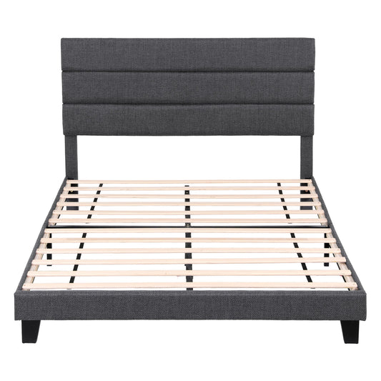 Liora Upholstered Bed Frame with Geometric Headboard Linen Wood Slats - Charcoal Grey Double
