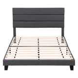 Liora Upholstered Bed Frame with Geometric Headboard Linen Wood Slats - Charcoal Grey Double