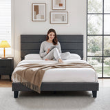 Liora Upholstered Bed Frame with Geometric Headboard Linen Wood Slats - Charcoal Grey Double