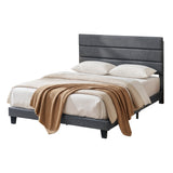 Liora Upholstered Bed Frame with Geometric Headboard Linen Wood Slats - Charcoal Grey Double