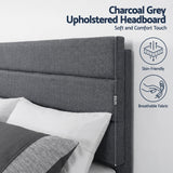 Liora Upholstered Bed Frame with Geometric Headboard Linen Wood Slats - Charcoal Grey King
