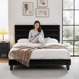 Liora Upholstered Bed Frame with Geometric Headboard Velvet - Black Queen