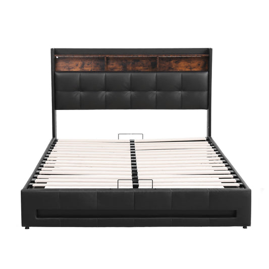 Tiara Bed Frame with Gas Lift Storage LED Lights Charging Station Headboard - Black Double