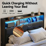 Tiara Bed Frame with Gas Lift Storage LED Lights Charging Station Headboard - Black Double