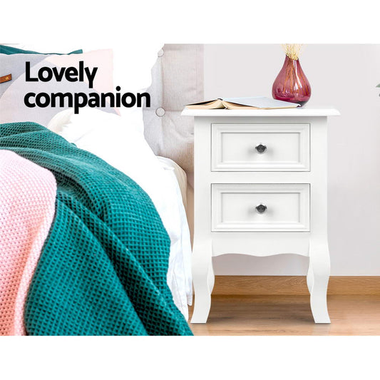 Moncton MDF Paulownia Wood Bedside Table Side Table French Storage Cabinet Nightstand Lamp with 2 Drawers - White
