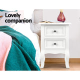 Moncton MDF Paulownia Wood Bedside Table Side Table French Storage Cabinet Nightstand Lamp with 2 Drawers - White