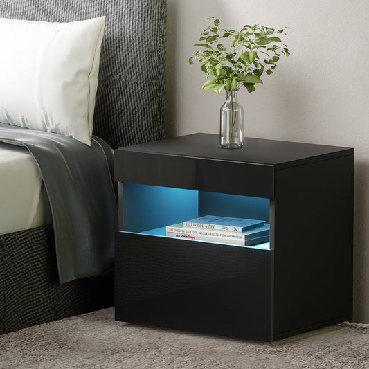 Pictou LED High Gloss Bedside Table Side Table RGB LED High Gloss Nightstand - Black