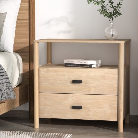 Timmins Wooden Bedside Table with 2 Drawers - Pine