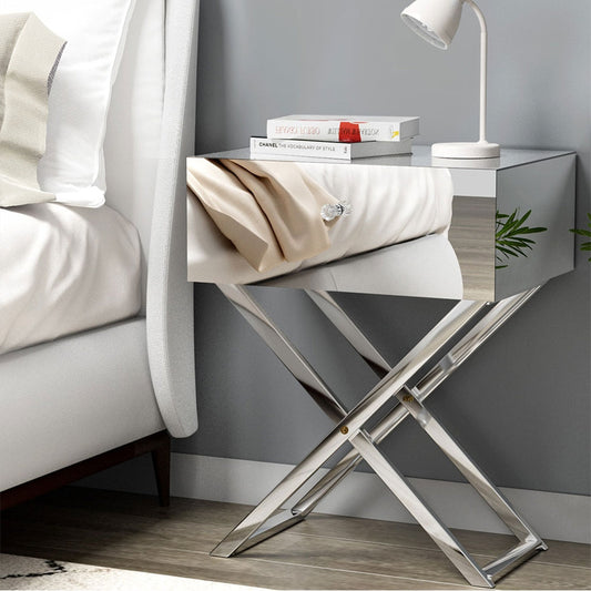 Surrey Mirrored Bedside Table Side End Table Drawers Nightstand Bedroom - Silver