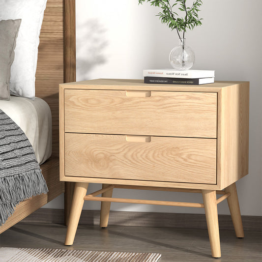 Dauphin Wooden Bedside Table Side End Table Nightstand Legs Bedroom Storage with 2 Drawers - Wood