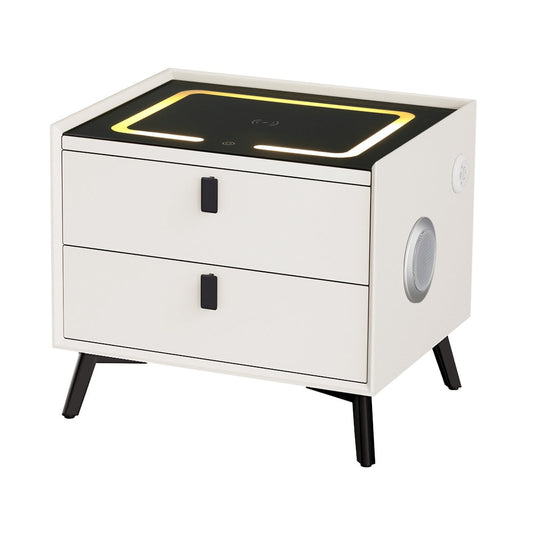 Brooks LED Bedside Table Smart with Wireless Charging Ports with 2 Drawers - White