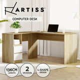 Artiss Computer Desk Drawer Cabinet L-Shape Oak 136cm