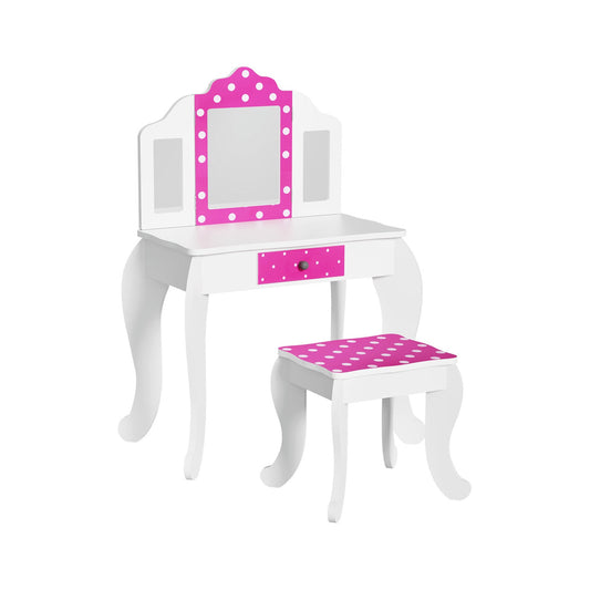 Kids Dressing Table Vanity Makeup Chair Set Wooden 3 Mirror Drawer - Pink