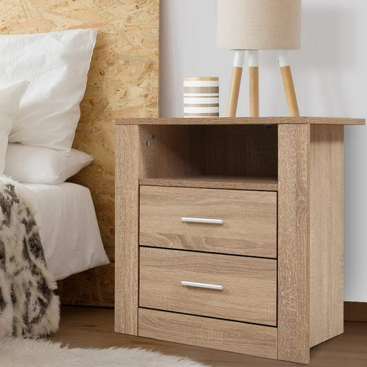 Barrie Wooden Bedside Table Storage Cabinet Shelf Side End Table Oak with 2 Drawers - Oak