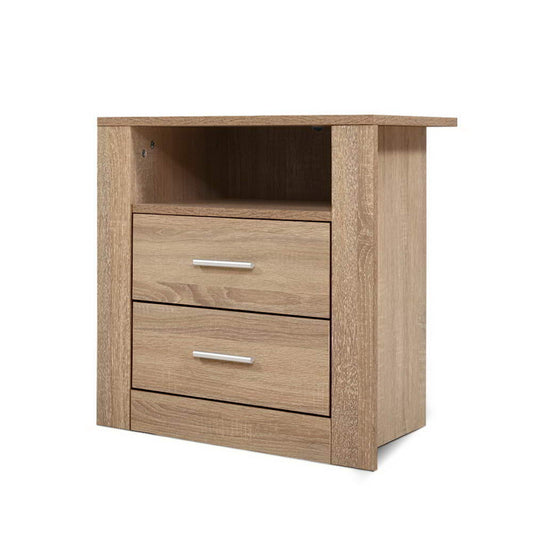 Barrie Wooden Bedside Table Storage Cabinet Shelf Side End Table Oak with 2 Drawers - Oak