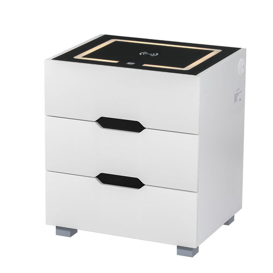Grouse LED Bedside Table Smart Wireless Charging Ports with 3 Drawers - White