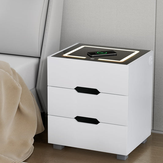 Grouse LED Bedside Table Smart Wireless Charging Ports with 3 Drawers - White