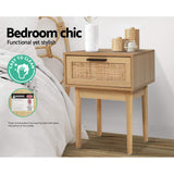 Guelph Wood Rattan Bedside Table Storage Cabinet Rattan Wood Nightstand - Wood