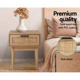 Guelph Wood Rattan Bedside Table Storage Cabinet Rattan Wood Nightstand - Wood