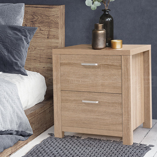 Gaspe Wooden Bedside Table Lamp Side Table Nightstand Unit with 2 Drawers - Beige