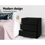 Lachine LED High Gloss Bedside Table Side Table RGB LED Lamp Nightstand Gloss with 3 Drawers - Black