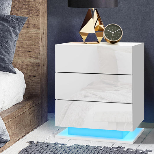 Lachine LED High Gloss Bedside Table Side Table RGB LED Lamp Nightstand Gloss with 3 Drawers - White