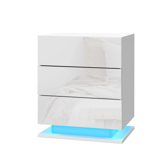 Lachine LED High Gloss Bedside Table Side Table RGB LED Lamp Nightstand Gloss with 3 Drawers - White