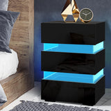 Perce LED High Gloss Bedside Table Side Unit RGB LED Lamp Nightstand Gloss Furniture with 3 Drawers - Black