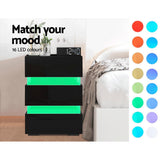 Perce LED High Gloss Bedside Table Side Unit RGB LED Lamp Nightstand Gloss Furniture with 3 Drawers - Black
