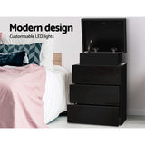Rimouski LED High Gloss Bedside Table Side Table RGB LED High Gloss Nightstand with 3 Drawers - Black