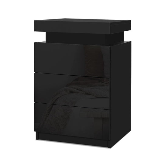 Rimouski LED High Gloss Bedside Table Side Table RGB LED High Gloss Nightstand with 3 Drawers - Black