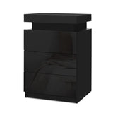 Rimouski LED High Gloss Bedside Table Side Table RGB LED High Gloss Nightstand with 3 Drawers - Black