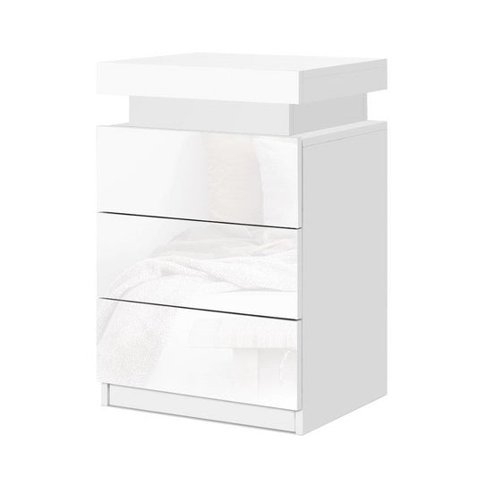 Rimouski LED High Gloss Bedside Table Side Table RGB LED High Gloss Nightstand with 3 Drawers - White