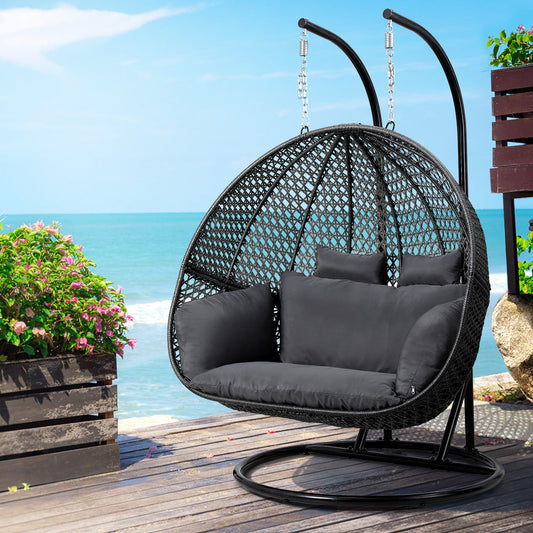 Andrew Outdoor Egg Swing Chair Wicker Furniture Pod Stand Cushion 2 Seater - Grey