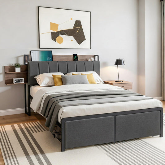 Andy Metal Bed Frame with 2-Tier Hidden Storage and Charging Station - Grey Double