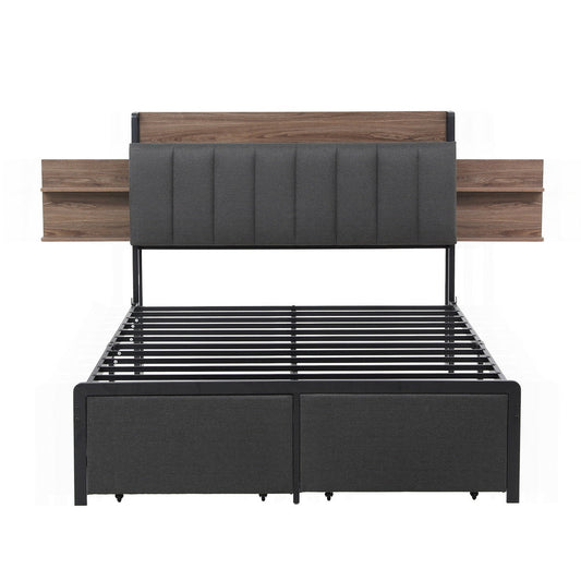 Andy Metal Bed Frame with 2-Tier Hidden Storage and Charging Station - Grey Double