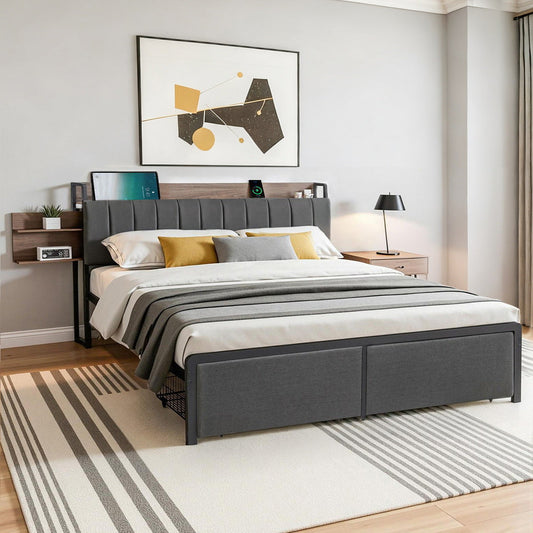 Andy Metal Bed Frame with 2-Tier Hidden Storage and Charging Station - Grey King