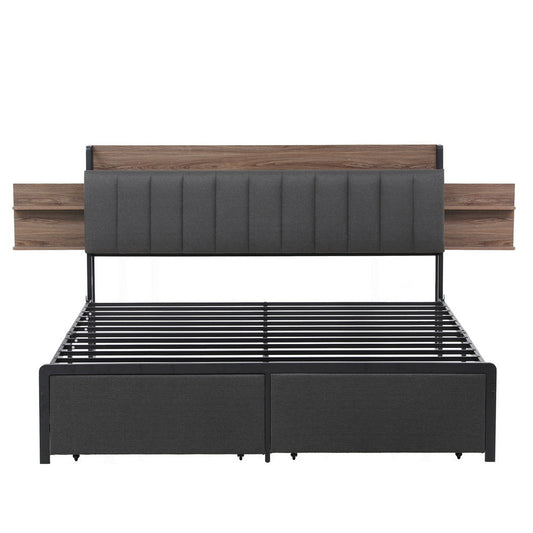 Andy Metal Bed Frame with 2-Tier Hidden Storage and Charging Station - Grey King