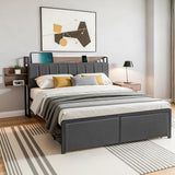 Andy Metal Bed Frame with 2-Tier Hidden Storage and Charging Station - Grey Queen