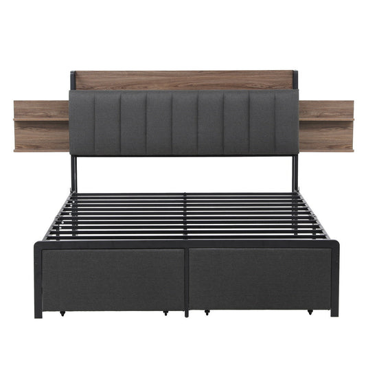 Andy Metal Bed Frame with 2-Tier Hidden Storage and Charging Station - Grey Queen