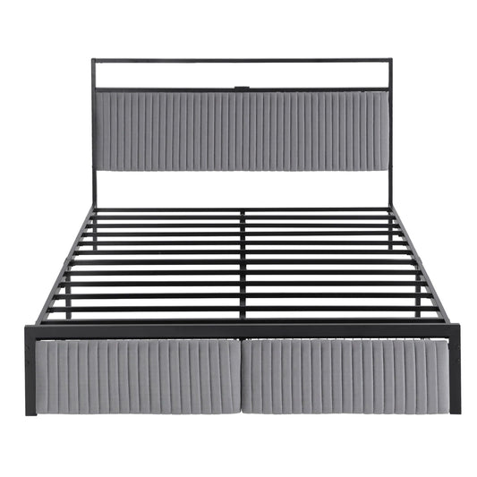 Helena Metal Bed Frame LED Charging Station 2 Drawers - Black Queen