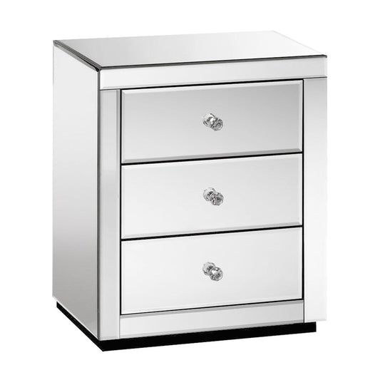 Batoche Mirrored Bedside Table Mirrored Furniture Mirror Glass with 3 Drawers - Silver