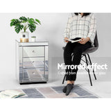 Batoche Mirrored Bedside Table Mirrored Furniture Mirror Glass with 3 Drawers - Silver