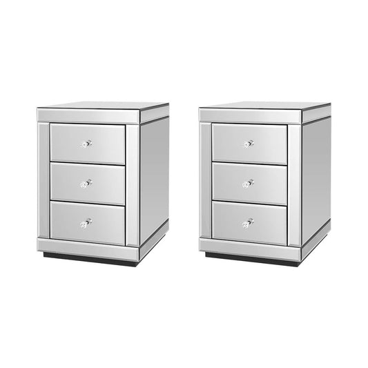 Set of 2 Batoche Mirrored Bedside Tables Glass with 3 Drawers - Silver