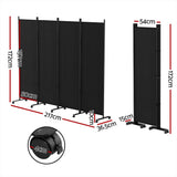 4 Panel Room Divider Screen 217cm Wheel Fabric - Black