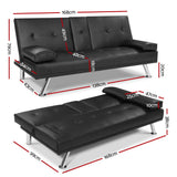 Madaline 2-Seater Leather Cup Holder Futon Sofa Bed Lounge Couch - Black