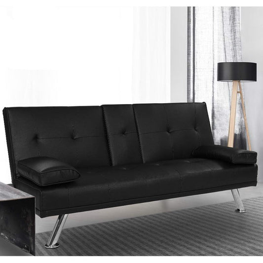 Madaline 2-Seater Leather Cup Holder Futon Sofa Bed Lounge Couch - Black